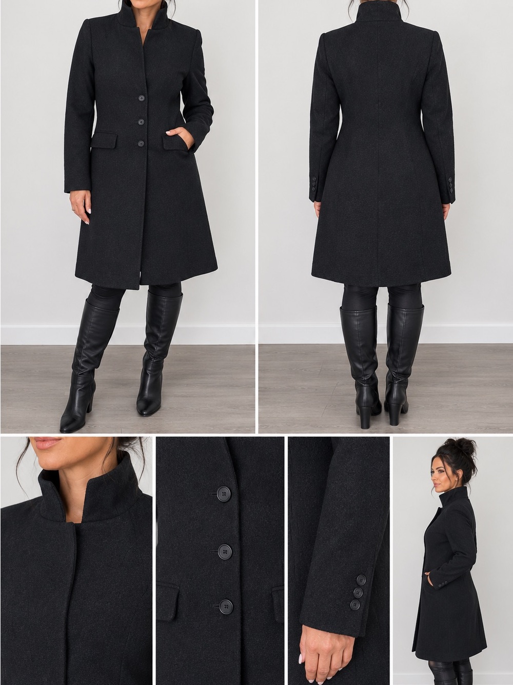 Banana Republic Black Stand-Collar Wool Trench Coat